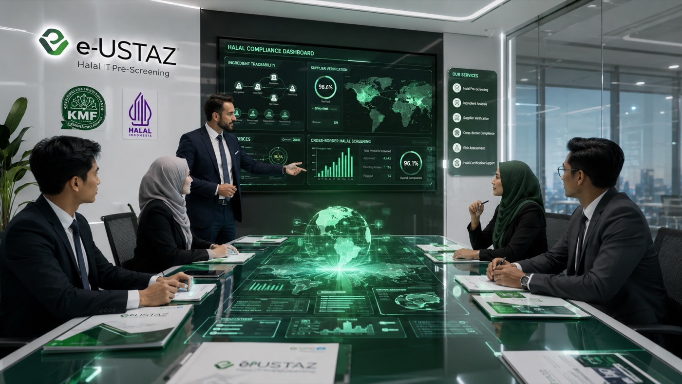 Client portfolio review meeting in front of the halal compliance dashboard