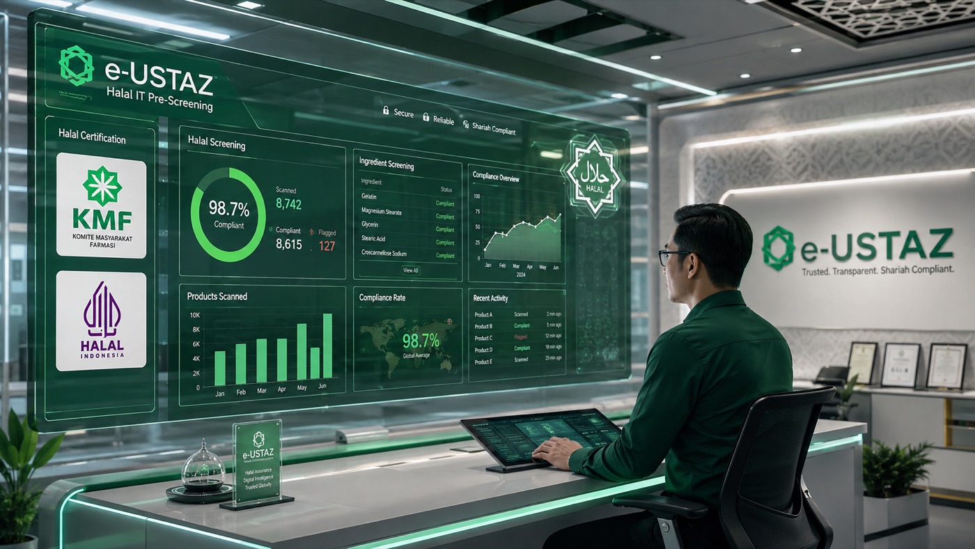 E-USTAZ halal IT screening console showing real-time ingredient compliance dashboard